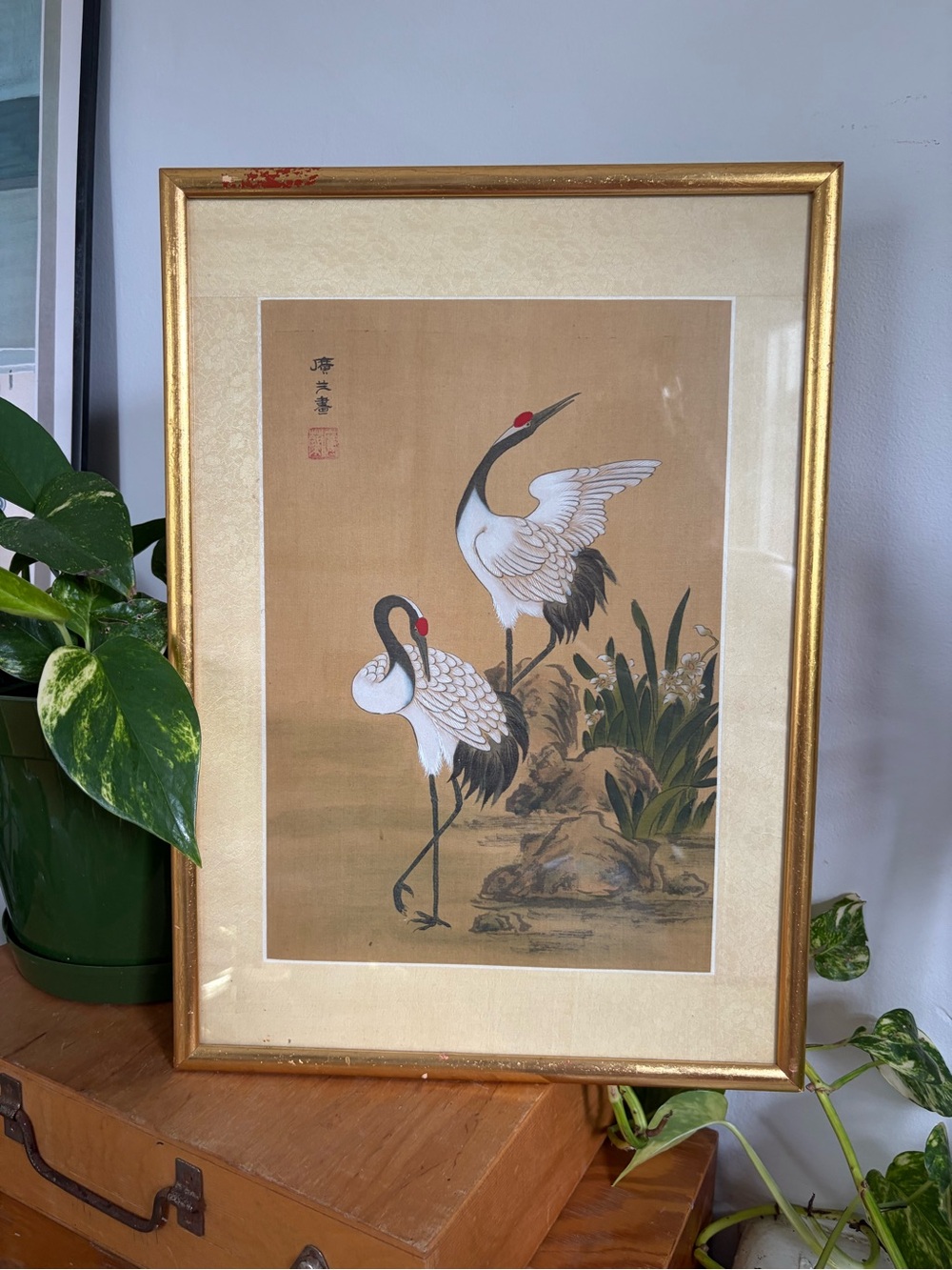 Vintage Framed Japanese Crane Art